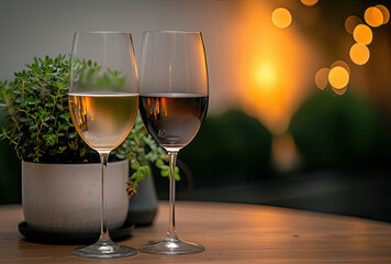 Two Glasses of Wine on Table for Valentines Day Celebration