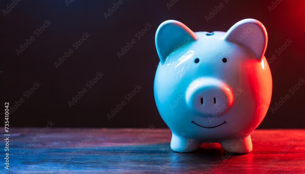 Wall mural piggy bank on a dark background with red blue backlight banking concept bright neon lights on a blac