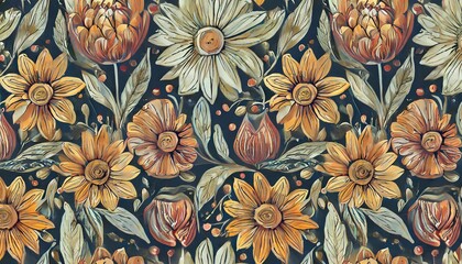 boho fantasy flowers seamless pattern folk floral texture - obrazy, fototapety, plakaty