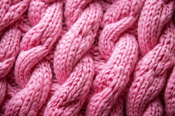 Closeup of a magenta woolen sweater with a braided pattern