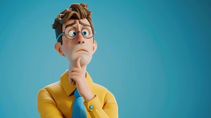 3d render Cartoon character cute young man isolated on blue background Serious guy thinking pose Caucasian male wears yellow shirt and blue tie Problem and doubt concept