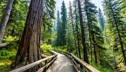 Fototapete Straße im Wald giant cedars boardwalk trail mount revelstoke national park british columbia canada featuring large old cedar trees