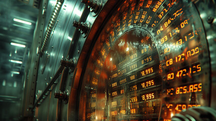 Close up of a secure vault door with stock market tickers reflected on its surface