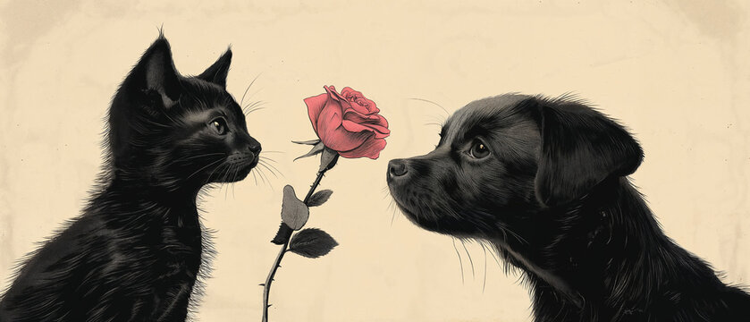 illustration, female kitten gives a rose to a male dog, solid background, banner design, copy space