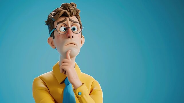 3d render Cartoon character cute young man isolated on blue background Serious guy thinking pose Caucasian male wears yellow shirt and blue tie Problem and doubt concept