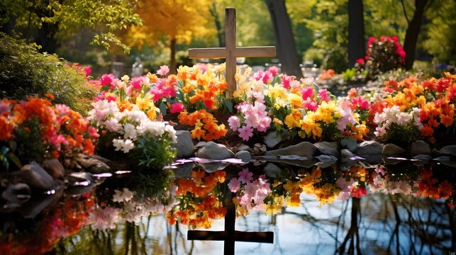 A peaceful pond reflecting the image of wooden crosses standing tall amidst the vibrant foliage of an Easter Resurrection garden.