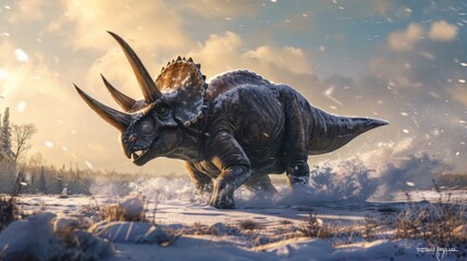 A determined triceratops plowing through thick icy patches on its journey through the tundra its three horns glinting in the sunlight. - obrazy, fototapety, plakaty