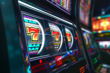 Three 777 sevens popped up on the slot machine's scoreboard, casino gambling - obrazy, fototapety, plakaty