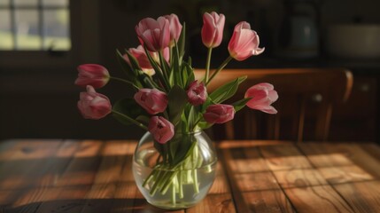 Pink Tulips in Glass Vase on Rustic Wooden Table AI Generated.