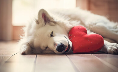 White Dog Laying on Floor With Red Heart