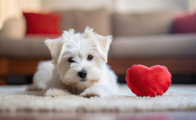 Small White Dog Resting Next to A Red Heart