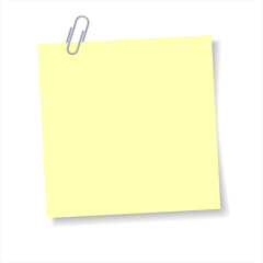 Realistic clip with yellow paper for your text. Paperclip with note memo. Color notepaper with paperclip for reminder in school, office and home. Note with paper clip, isolated on white background.