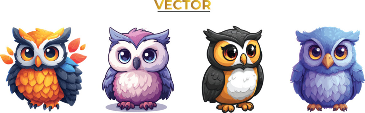 Cute playful owl vector design, safari jungle animals logo, baby owl cartoon character set, Asian wildlife illustration