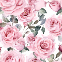Seamless floral pattern with watercolor pink roses and green leaves. Print for wallpaper, cards, fabric, wedding stationary, wrapping paper, cards, backgrounds, textures