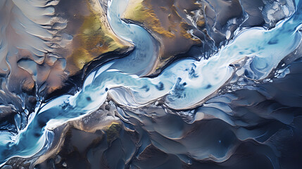 Abstract icelandic glacier rivers melting pattern in summer at highlands of iceland,,
Topdown View Of Glacier River Stream Reaching Iceland's Coast - obrazy, fototapety, plakaty