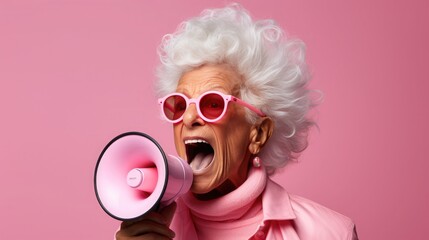 An energetic elderly woman with white hair shouts into a megaphone, wearing vibrant pink glasses and attire, against a pink background