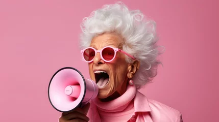 Foto op Plexiglas An energetic elderly woman with white hair shouts into a megaphone, wearing vibrant pink glasses and attire, against a pink background © cvetikmart