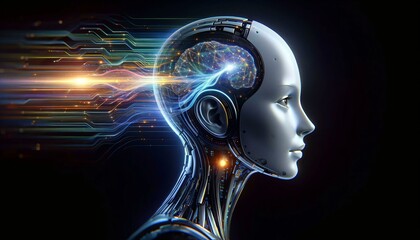 Obraz premium A head of an android or humanoid robot in side profile. Artificial Intelligence concept.