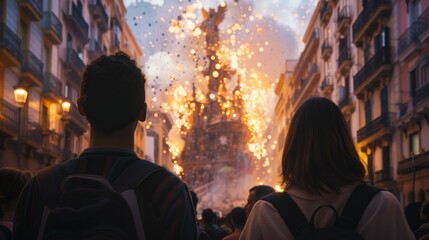 view from behind, a people view the impresionant monument of las fallas festivity in Valencia


