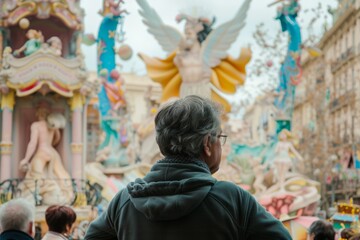 Obraz na płótnie Canvas view from behind, a people view the impresionant monument of las fallas festivity in Valencia