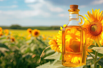 Bottle of Sunflower Oil in a Sunflower Field
