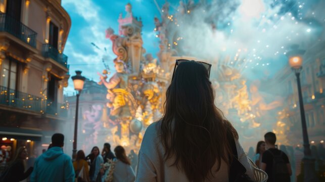 view from behind, a people view the impresionant monument of las fallas festivity in Valencia



