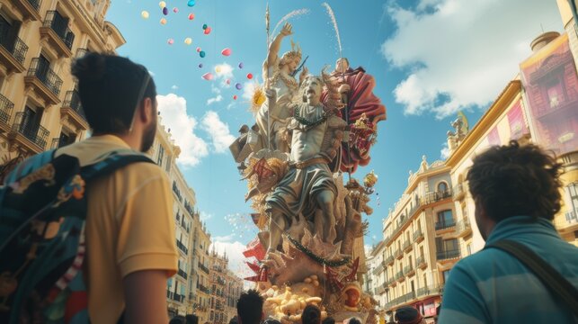 view from behind, a people view the impresionant monument of las fallas festivity in Valencia


