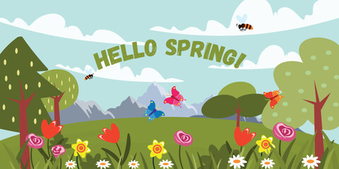Vector illustration of a spring landscape with the inscription hello spring. Cartoon landscape scene with mountains, plain, trees, Christmas trees, tulips, daisies, daffodils, butterflies and bees. © MVshop