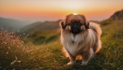 Pekingese, dog at dawn, purebred dog in nature, happy dog, beautiful dog