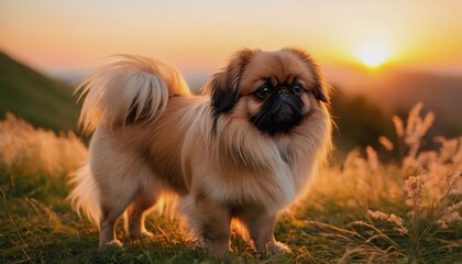 Pekingese, dog at dawn, purebred dog in nature, happy dog, beautiful dog