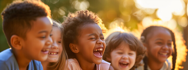 Fototapeta premium Cheerful laughing children of different times against the background of sunlight, panorama joyful children
