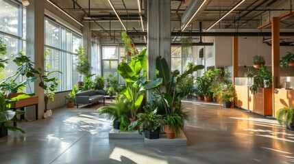 Sunlight streams in through large windows illuminating the various plants tered throughout the openconcept workspace.