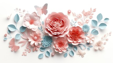 3d paper flowers isolated on white background, decorative design elements, greeting card