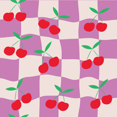 Checkered Beautiful cherries seamless pattern on pink and white Warped checkerboards. For food print, kitchen d&eacute;cor, wrapping paper and textile 