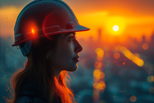 Woman wearing hard hat with city background at sunrise or sunset