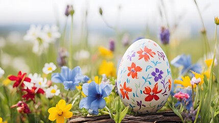 A picturesque setting of a pastel blue Easter egg sitting atop a rustic wooden fence, surrounded by vibrant wildflowers.