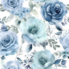 Seamless floral pattern with watercolor blue roses and green leaves. Print for wallpaper, cards, fabric, wedding stationary, wrapping paper, cards, backgrounds, textures