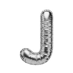 Letter J in the form of a foil balloon isolated on a transparent background. PNG 3D render. Letter of the Latin alphabet. Silver volumetric letter with matte texture.
