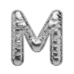 Letter M in the form of a foil balloon isolated on a transparent background. PNG 3D render. Letter of the Latin alphabet. Silver volumetric letter with matte texture.