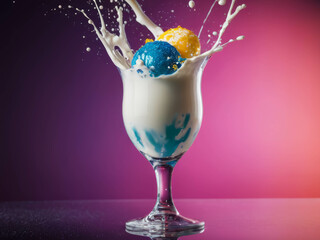Colorfull ice-cream in glass with splashes of milk
