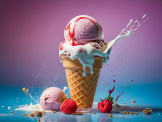 Colorfull ice-cream in glass with splashes of milk