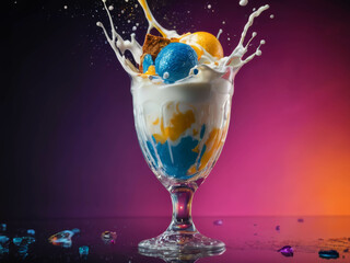 Colorfull ice-cream in glass with splashes of milk