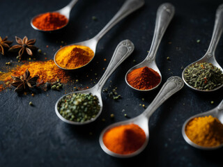 Various colorfull spices in spoons