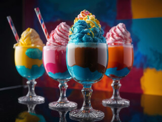 Colorfull ice-cream in glass with splashes of milk