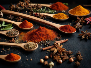 Various colorfull spices in spoons