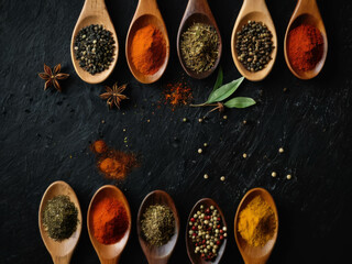 Various colorfull spices in spoons
