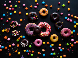Donuts on the table scatered with sweets