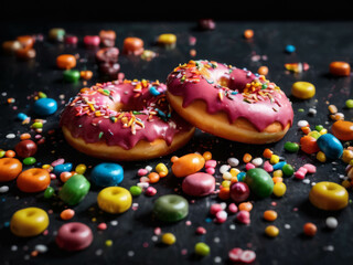 Donuts on the table scatered with sweets