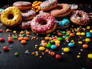 Donuts on the table scatered with sweets
