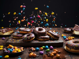 Donuts on the table scatered with sweets
